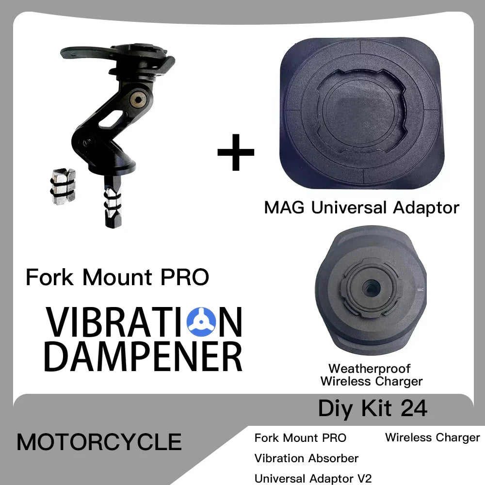 Motorcycle Handlebar Stem Fork Phone Mount — Vibration Dampener with MAG Universal Adapter, Wireless Charger & Mirror Brake Compatible