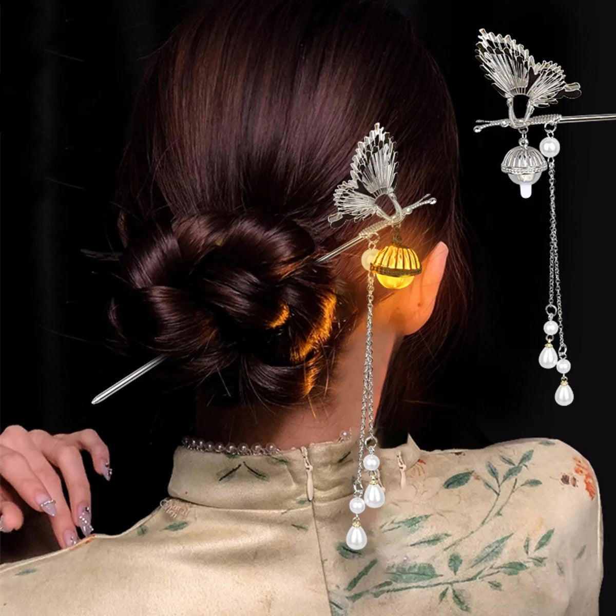 Luminous Lotus Flower Hairpin – Vintage LED Hair Stick with Lantern Tassel for Women and Traditional Hairstyles