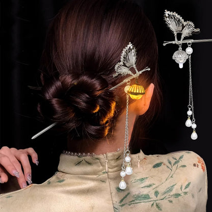 Luminous Lotus Flower Hairpin – Vintage LED Hair Stick with Lantern Tassel for Women and Traditional Hairstyles