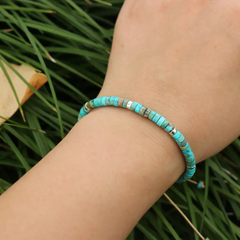 Natural Blue Emperor Stone Beaded Bracelet – Polished Block Beads, Adjustable Woven Rope Women’s Gift Jewelry