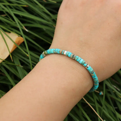 Natural Blue Emperor Stone Beaded Bracelet – Polished Block Beads, Adjustable Woven Rope Women’s Gift Jewelry