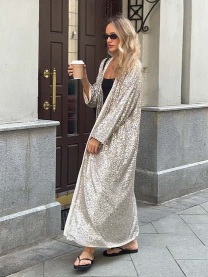Women’s Sparkly Sequin Maxi Coat – Luxury Open Front Long Sleeve Outerwear