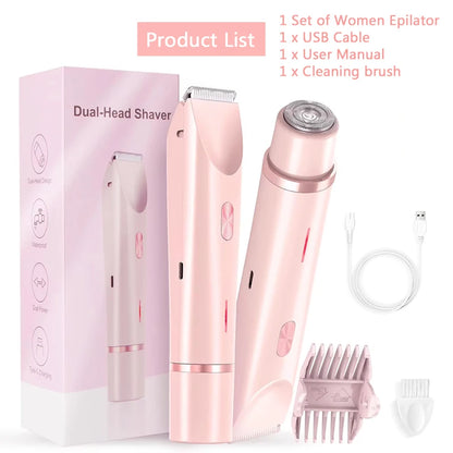 2-in-1 Dual-Head Electric Razor for Women – Painless Bikini Trimmer Wet & Dry Use with Detachable Heads