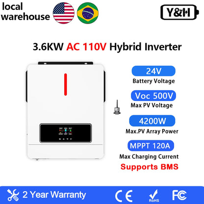 Y&H 3.6/4kW Hybrid Solar Inverter 24V – Pure Sine Wave with 120A MPPT Controller, UL1741 Certified