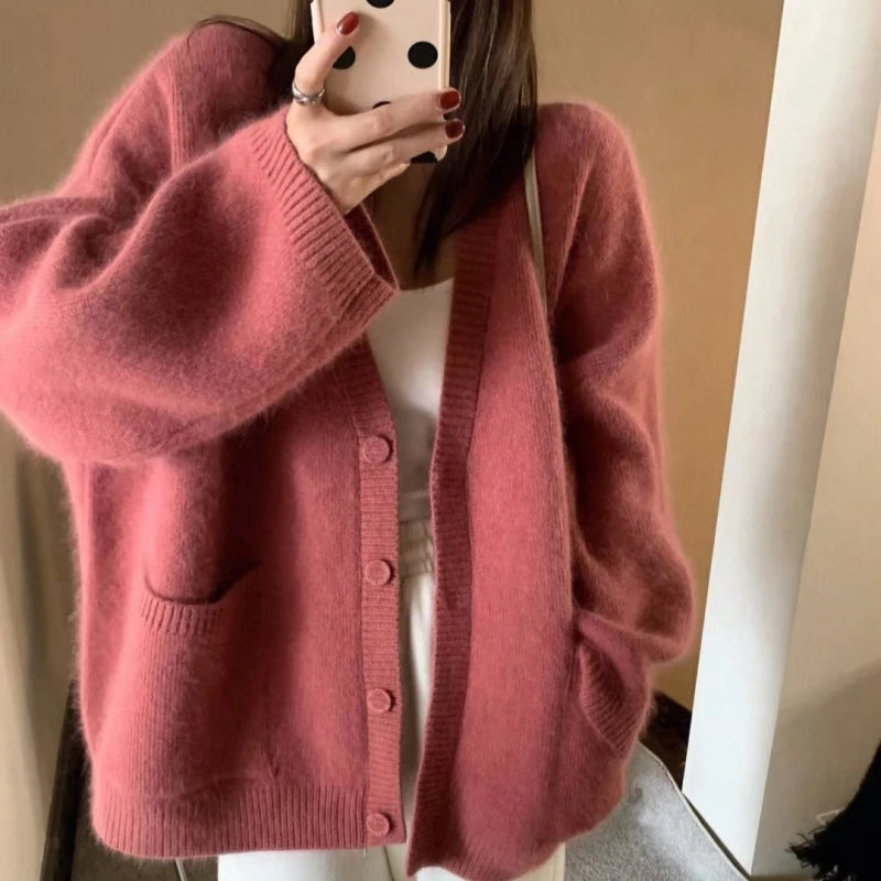 Korean Black V-Neck Knitted Cardigan – Single-Breasted Long Sleeve Loose Casual Women’s Sweater