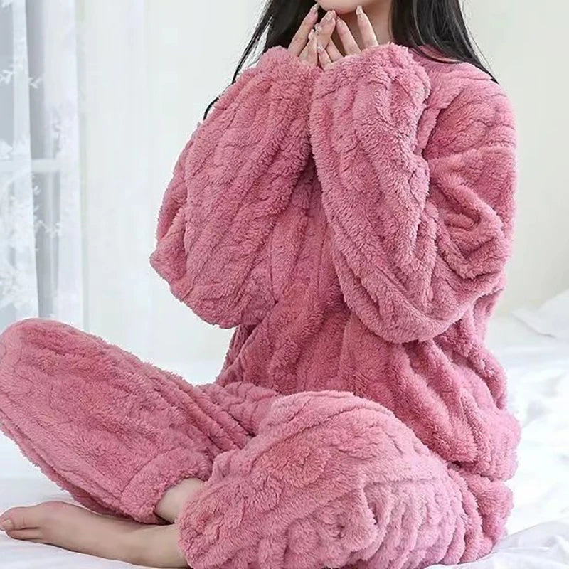 Autumn Women's 2 Piece Warm Velvet Pajama Set – Ribbed Fleece Pullover & Pants, Casual Loungewear (2023)