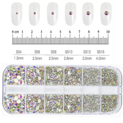 12-Grid 3D Glass AB Crystal Nail Art Rhinestones Kit – Flatback Round Beads with Tools for Nail Jewelry & Diamond Decoration