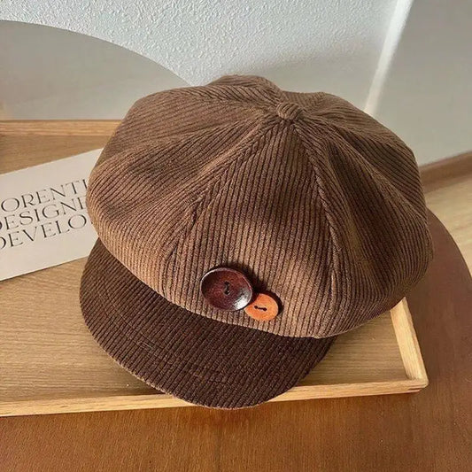 Vintage Corduroy Beret Hat for Women — Octagonal Painter Cap Autumn Winter Style Brown Peaked Hat