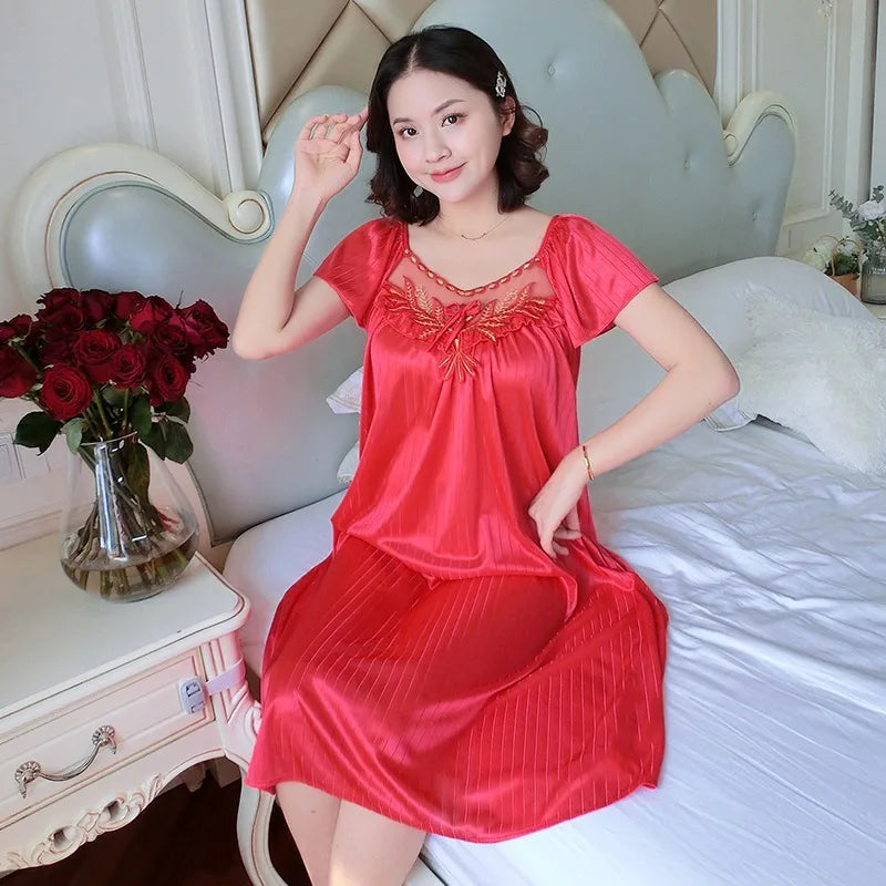Women’s Ice Silk Nightgown – Medium-Length Short Sleeve Sexy Sleepwear, Loungewear & Home Pyjama for Ladies