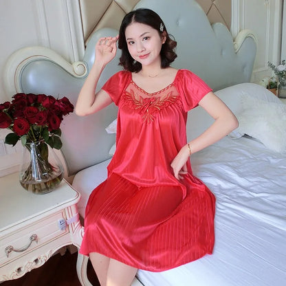 Women’s Ice Silk Nightgown – Medium-Length Short Sleeve Sexy Sleepwear, Loungewear & Home Pyjama for Ladies