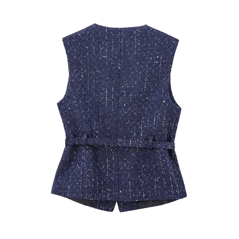 TRZA Women’s Tweed Waistcoat — Sleeveless O-Neck Top with Belt & Front Buttons, Chic Fashion Outerwear