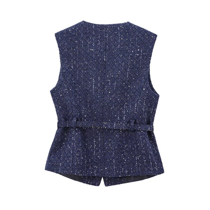 TRZA Women’s Tweed Waistcoat — Sleeveless O-Neck Top with Belt & Front Buttons, Chic Fashion Outerwear