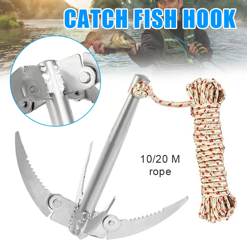 Outdoors Grappling Hook Survival Tool with Rope – Folding Boat Anchor for Canoes & Fishing Supplies