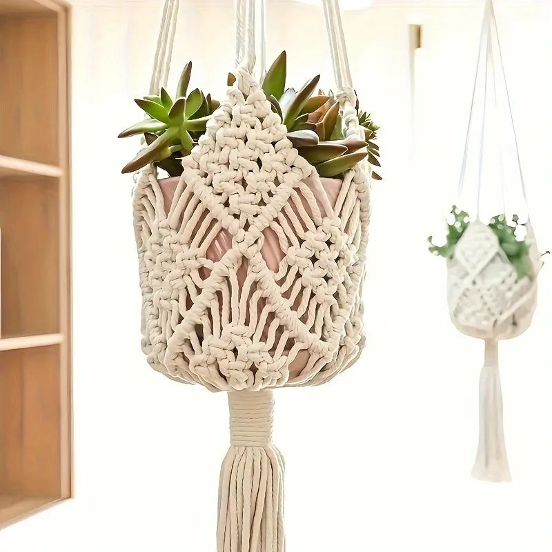 Boho Macrame Plant Hanger – Cotton Rope Woven Basket with Net Pouch for Indoor & Outdoor Hanging Succulents