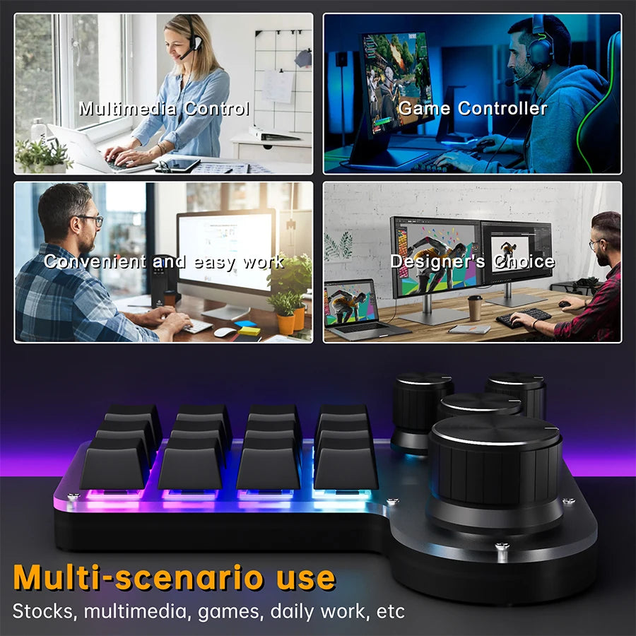 12-Key 4-Knob RGB Programming Macro Keyboard – Hot Swappable Mechanical Gaming Macropad for Photoshop, Editing & Custom Shortcuts