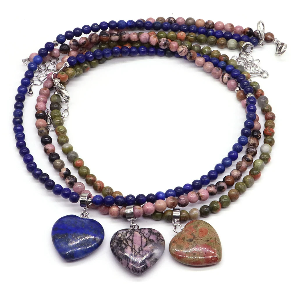 Heart-Shaped Gemstone Bead Chain Necklace - Lapis Lazuli and Amethyst Healing Crystal Pendant for Women and Girls