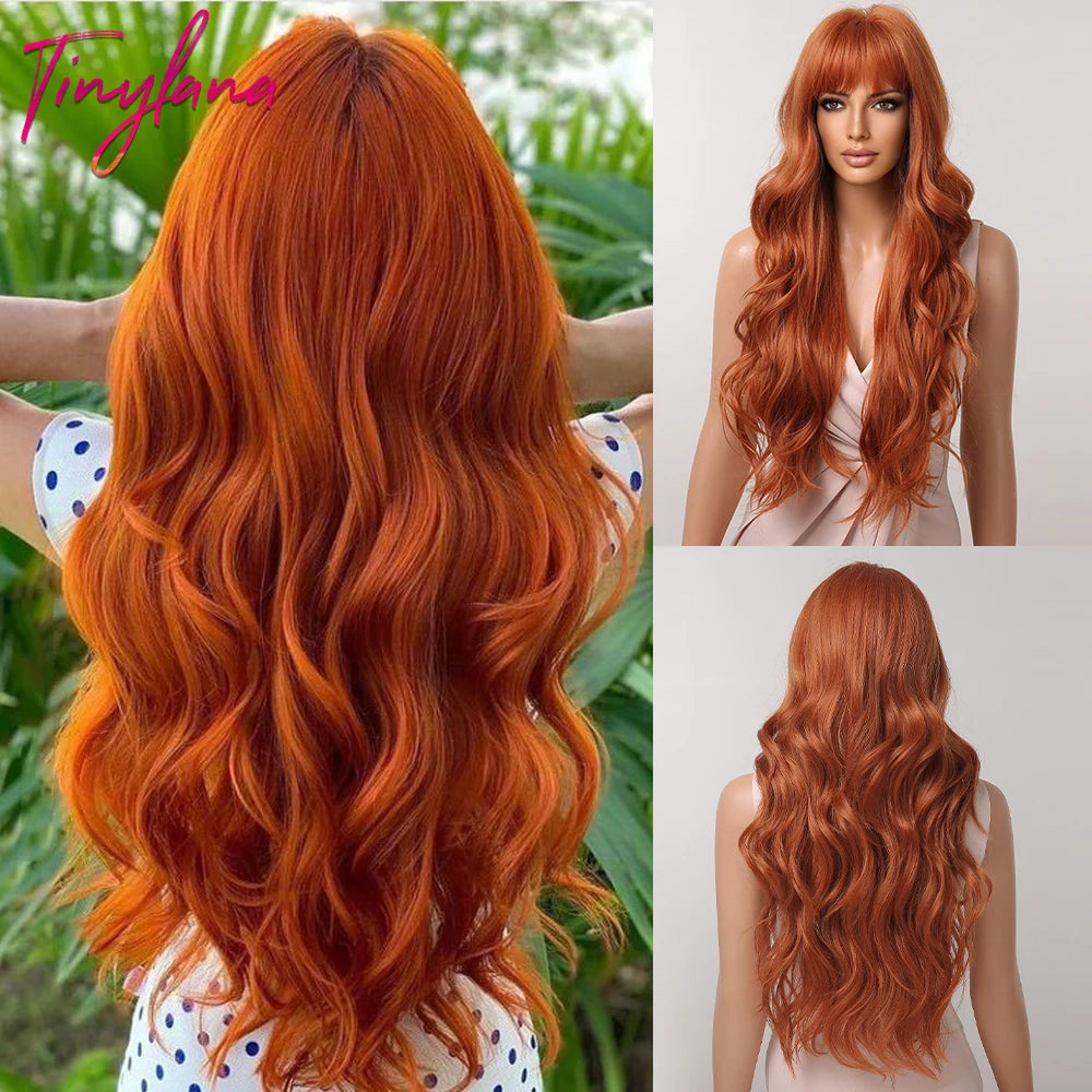 Orange Copper Ginger Long Wavy Synthetic Wig – Red & Yellow Wig with Bangs, Cosplay Body Wave, Heat-Resistant Hair for Women