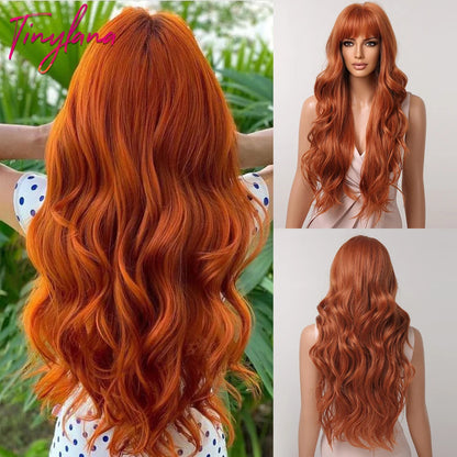 Orange Copper Ginger Long Wavy Synthetic Wig – Red & Yellow Wig with Bangs, Cosplay Body Wave, Heat-Resistant Hair for Women