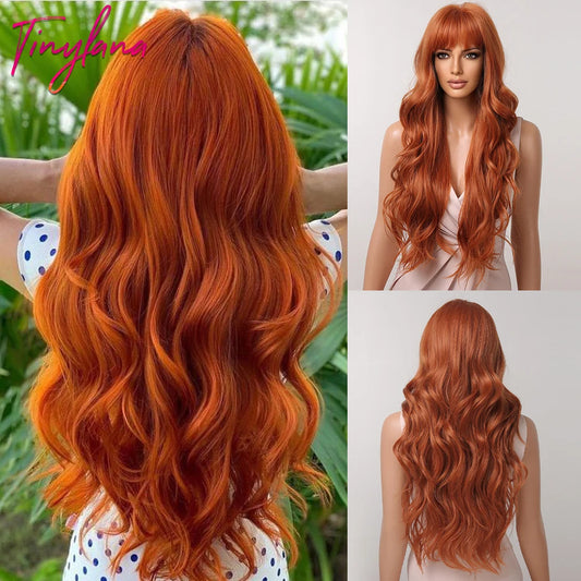 Orange Copper Ginger Long Wavy Synthetic Wig – Red & Yellow Wig with Bangs, Cosplay Body Wave, Heat-Resistant Hair for Women