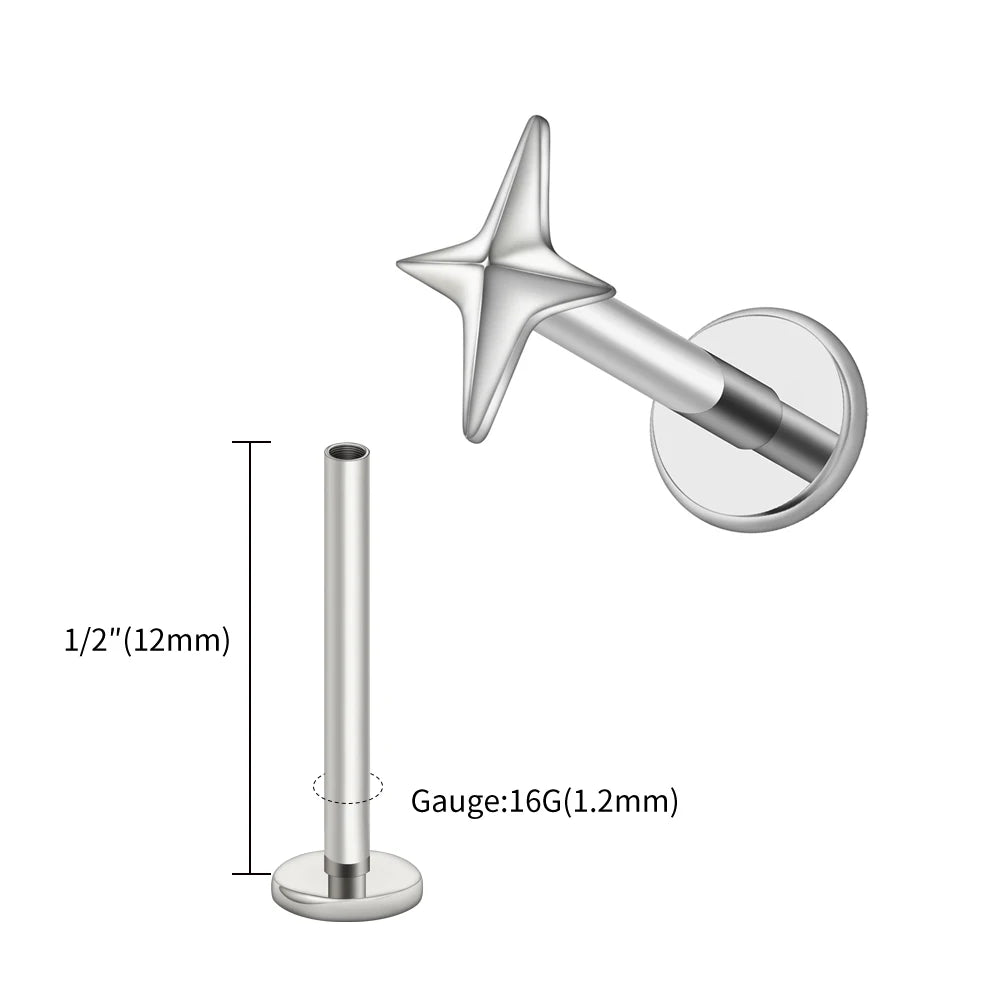 Right Grand ASTM F136 Titanium 16G Four-Pointed Star Cartilage Stud Earring – Helix, Tragus, Flatback Labret & Nose Piercing Jewelry