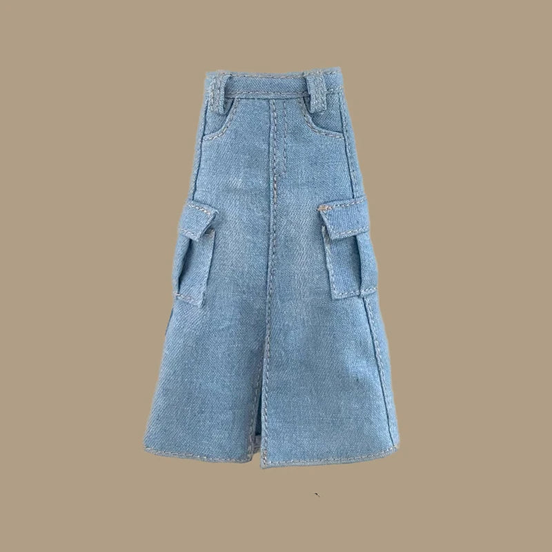 Handmade Blythe Doll Clothes – Off-Shoulder Sweater & Split Denim Long Skirt Mini Dress for 1/6 OB24 Dolls
