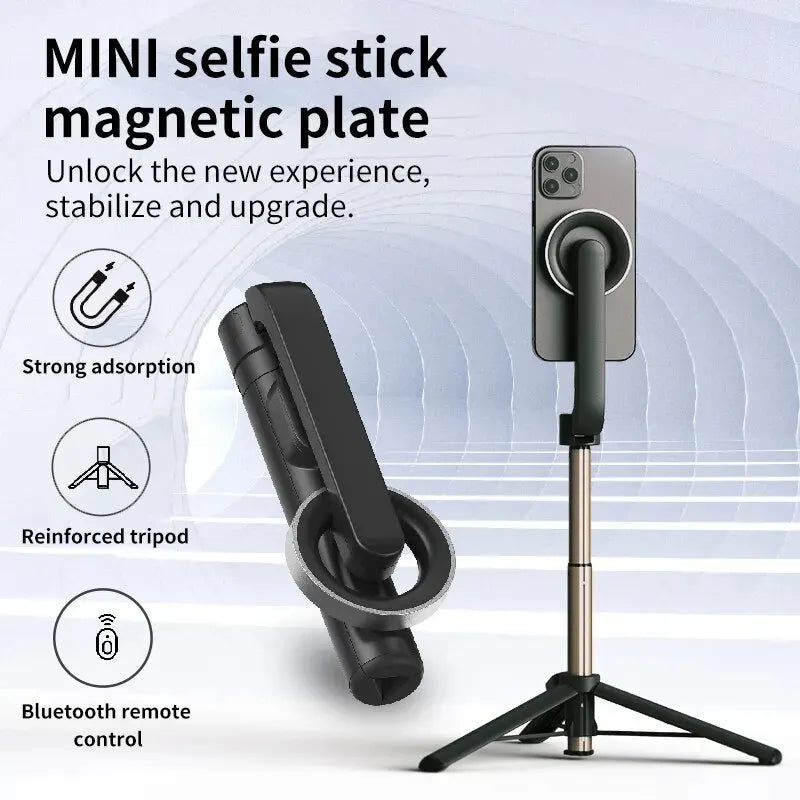 Bluetooth Selfie Stick with Magnetic Mobile Phone Stand - Handheld Camera Stabilizer with Integrated Desktop Triangle Stand for TikTok Live