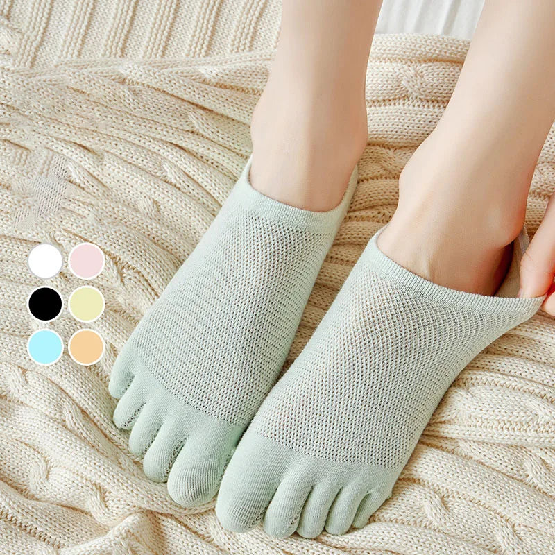 Men & Women Five-Finger Toe Socks – Breathable Mesh No-Show Ankle Sports Socks, Sweat-Absorbing Cotton Short Boat Socks