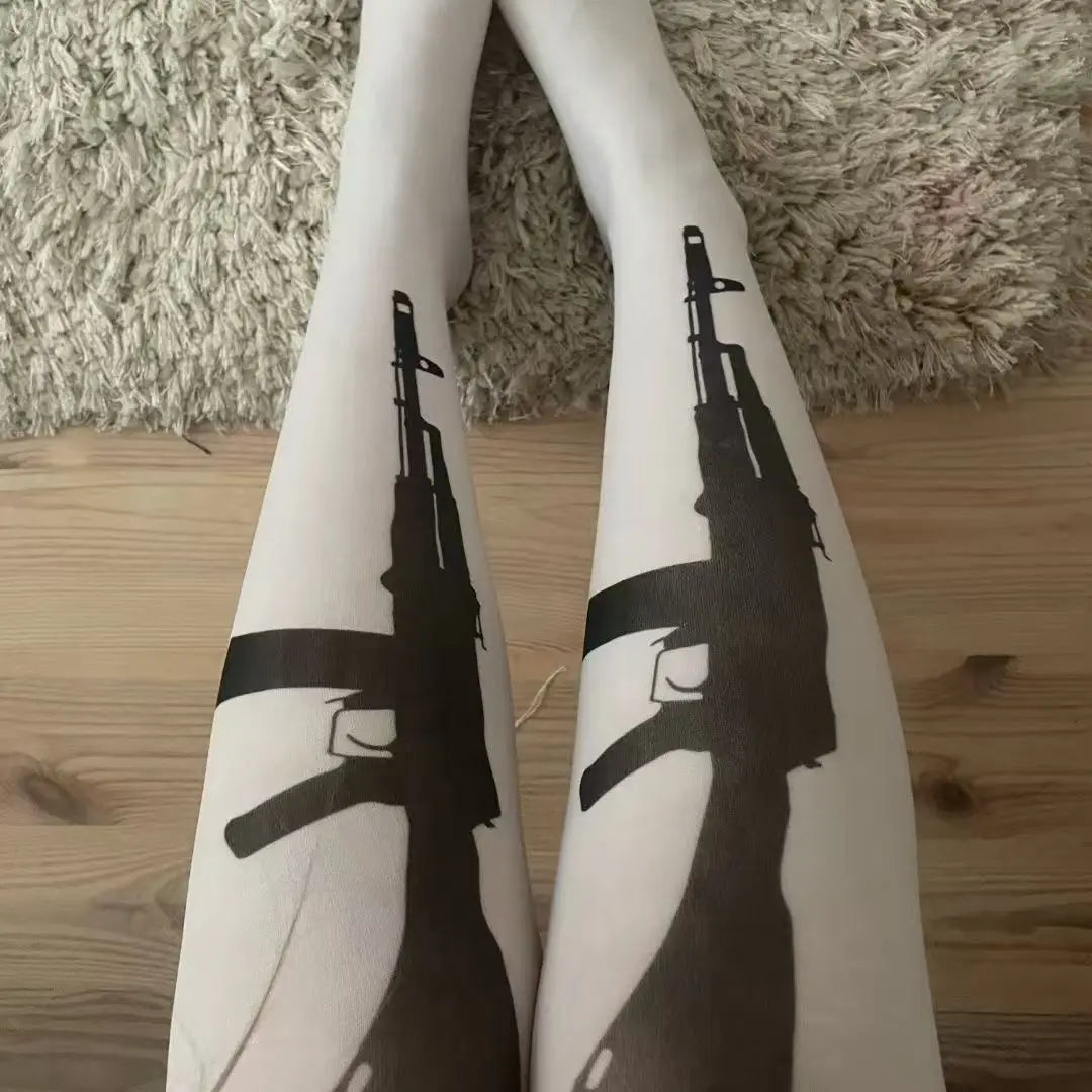 Y2K Punk Graffiti Thigh-High Socks - White Over-Knee Stockings for Cosplay, Harajuku & Kawaii Style