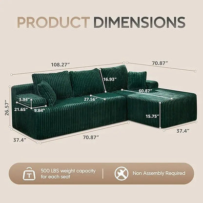 Modular L-Shaped 3-Seat Sectional Sofa — Memory Foam, Deep Seating & Storage