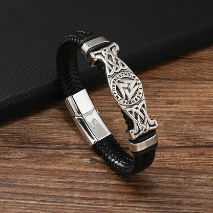 Vintage Viking Woven Leather Bracelet – Nordic Celtic Knot Valknut Symbol, Magnetic Bangle for Men
