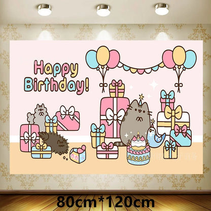 Pusheen Cat Birthday Party Decorations - Cartoon Pet Theme Balloons, Banner, Backdrop, Cake Topper, and Baby Shower Stickers