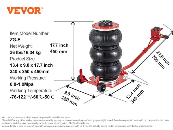 VEVOR Pneumatic Air Jack – 3 Ton/5 Ton Triple Bag Quick Lift Heavy Duty Car Repair Jack with Folding Rod & Two Wheels