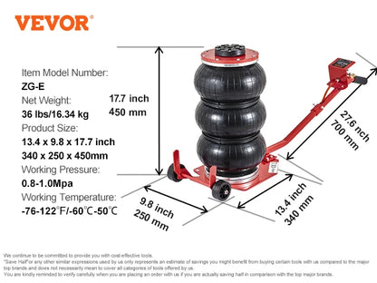 VEVOR Pneumatic Air Jack – 3 Ton/5 Ton Triple Bag Quick Lift Heavy Duty Car Repair Jack with Folding Rod & Two Wheels