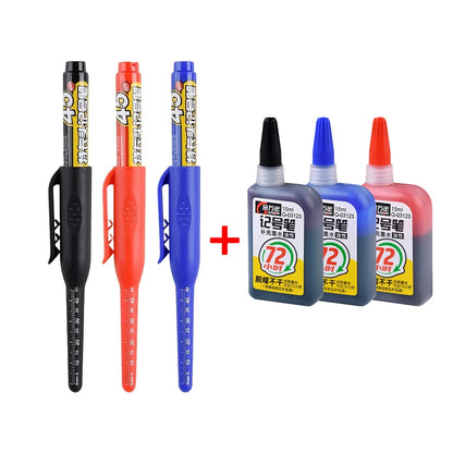 45mm Deep Hole Marker Pen - Waterproof Long Nib Carpenter Pen for Woodworking, Black/Blue/Red Ink