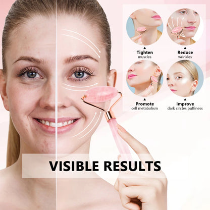 Rose Quartz Jade Roller & Gua Sha Set: Natural Facial & Body Massager for Face Lifting - Beauty Massage Tools with Jade Stone