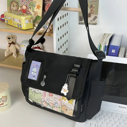 Y2K Japanese Harajuku School Bag — 2024 Transparent Itabag Crossbody for Teenage Girls with DIY Badge Display Plate