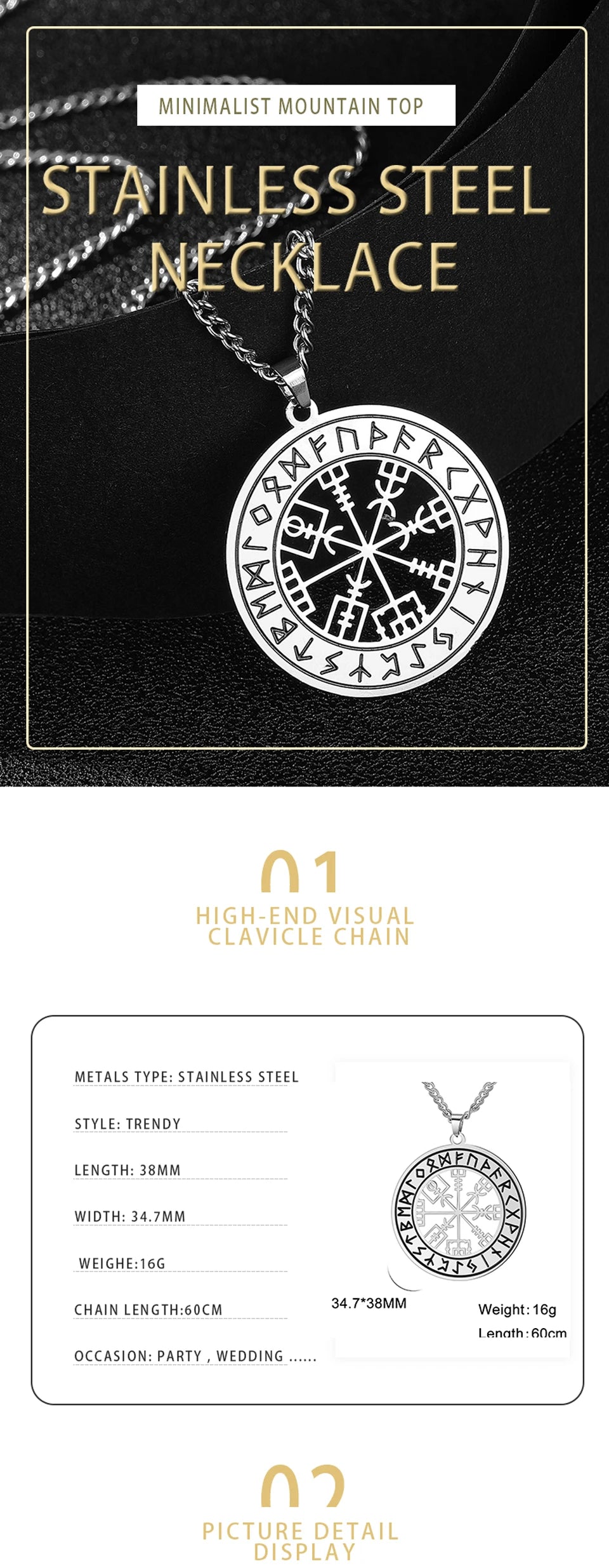 Viking Nordic Rune Compass Necklace – Stainless Steel Triquetra Amulet Pendant Jewelry Gift