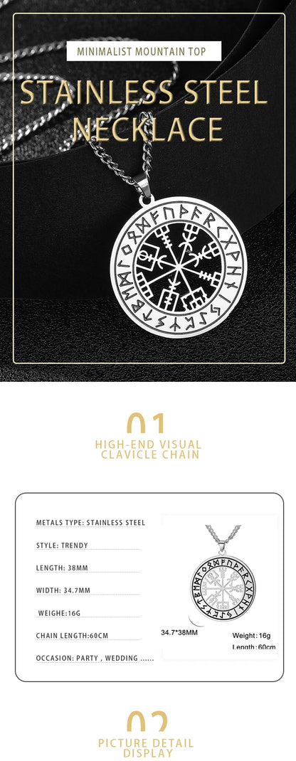 Viking Nordic Rune Compass Necklace – Stainless Steel Triquetra Amulet Pendant Jewelry Gift