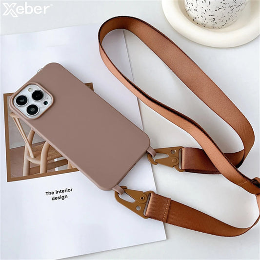Crossbody Necklace Strap Silicone Case - Matte Shockproof Phone Cover for iPhone 17, 16, 15, 14 Pro Max & More
