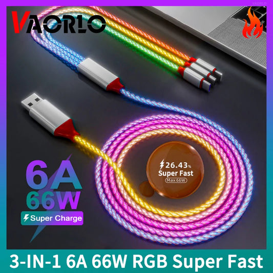 3-in-1 66W RGB Fast Charging Cable – 6A Type-C & Micro USB Glow Data Line for iPhone & Android