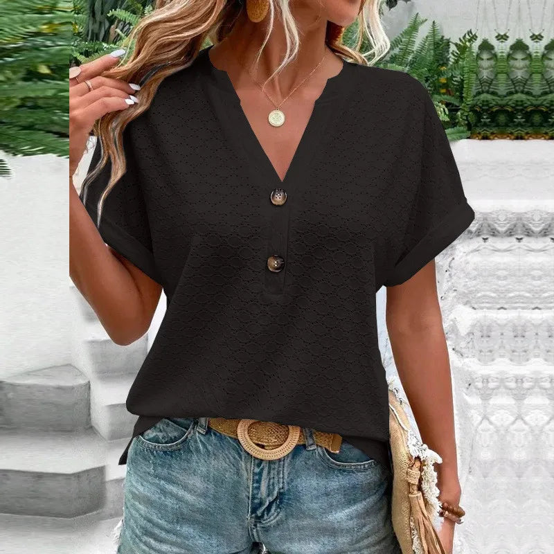 2023 Women's Jacquard V-Neck Blouse – Casual Button-Up, Loose Fit Short Sleeve Oversized Summer Shirt