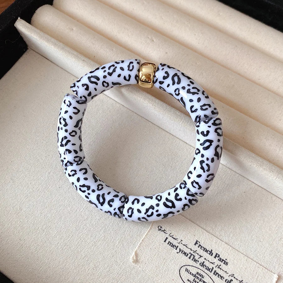 Leopard Print Bamboo Tube Acrylic Bracelets - Retro Stretch Beaded Bangles for Women & Men, Stackable Jewelry Gift