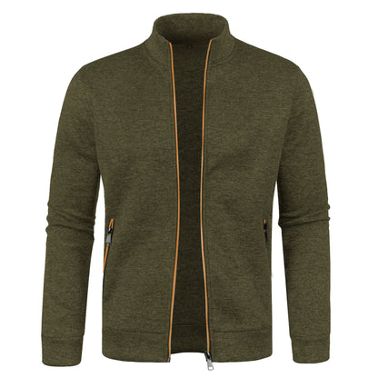 Men's Autumn Winter Zipper Sweater Jacket - Color Block Long Sleeve Slim Fit Plush Casual Warm Coat