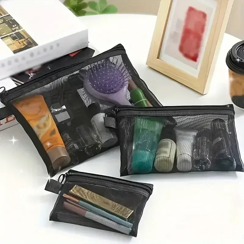 1/3PCS Black Mesh Clear Cosmetic Bag Set Portable Travel Makeup Toiletry Organizer Pouch Storage Case