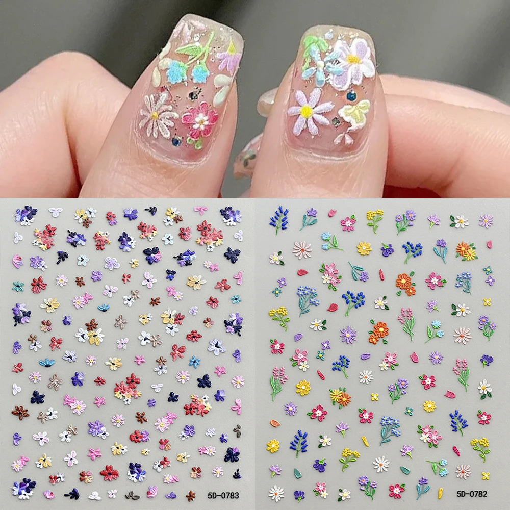 5D Daisy Nail Art Stickers - White Flower & Green Leaf Embossed Decals for DIY Spring Summer Nail Decoration