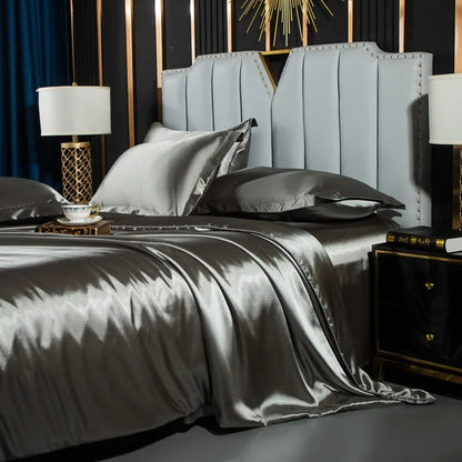 Nordic Silk Bedding Set With Duvet Cover - Luxury Solid Color Bed Sheet & Pillowcase Set For Single Double Couple Summer Bed Linen