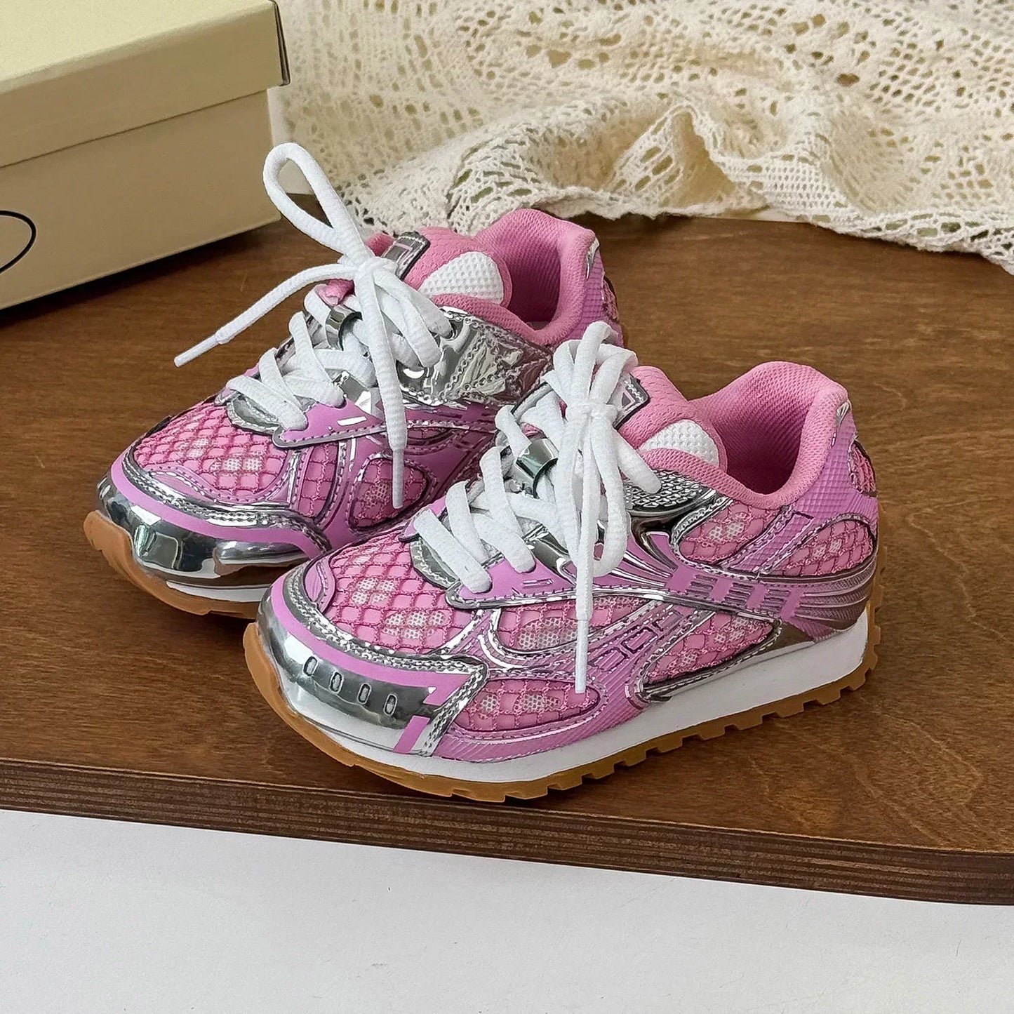 Kids Breathable Mesh Sneakers - Casual Metallic Rubber Walking & Sports Shoes for Boys & Girls