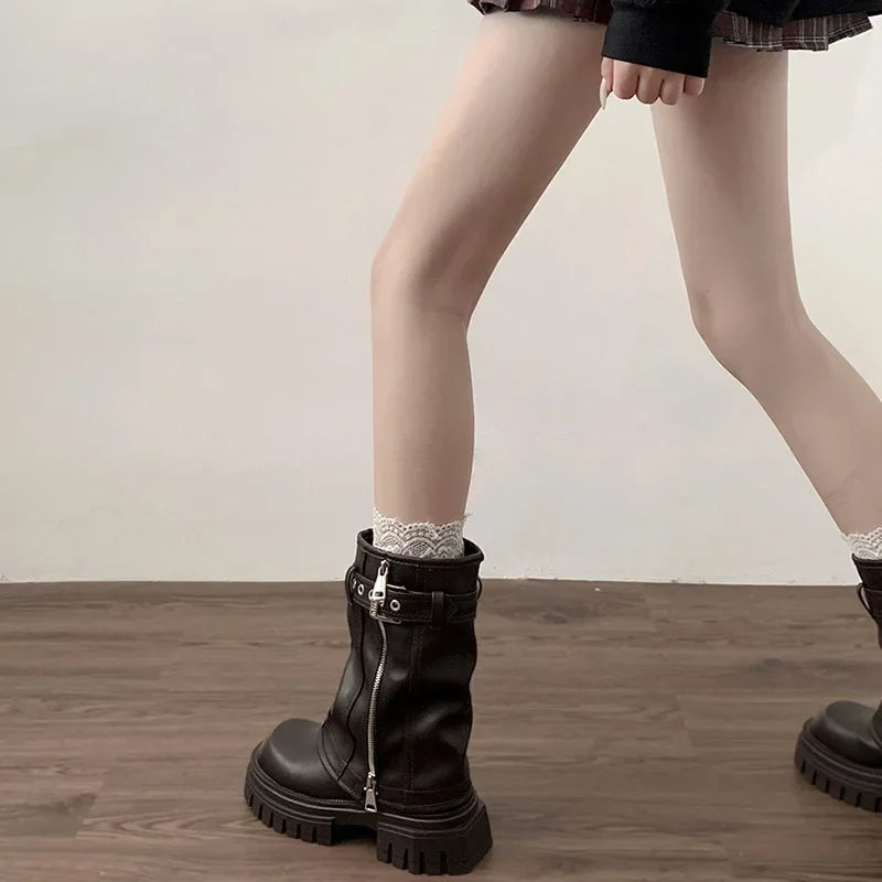 Women’s Winter Biker Boots – Fashion Belt Buckle Platform Short Booties, Casual Knight-Style Flats
