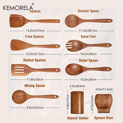4/7/9PCS Teak Wooden Cooking Spoons Set – Kitchen Utensils with Holder