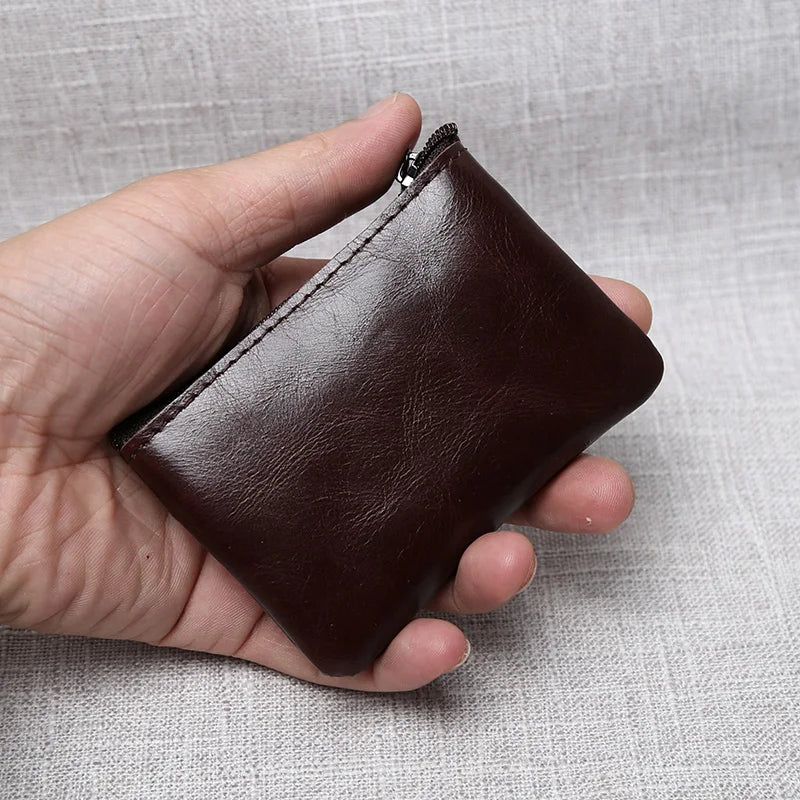 Leather Mini Coin Purse – Unisex Retro Handmade Cowhide Small Wallet with Zipper & Key Case